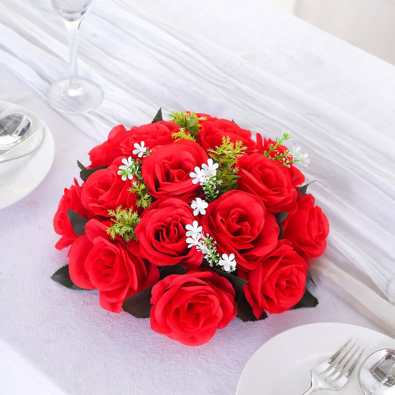 2 Pack Red Silk 15-Head Rose Flower Balls For Centerpieces - 10", Artificial Kissing Ball Floral Arrangements