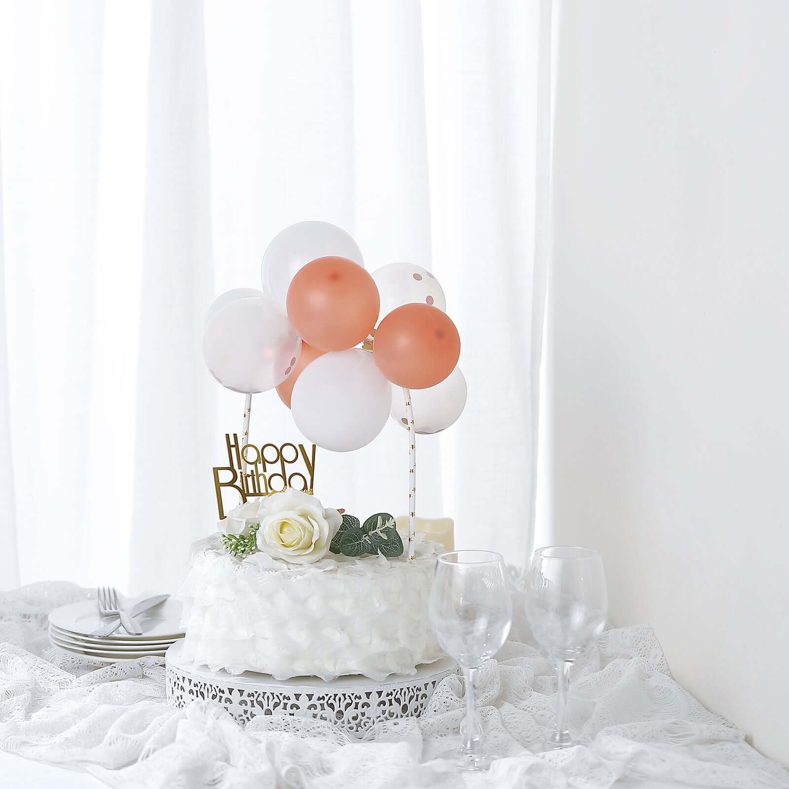 11 Pcs Balloon Cake Topper Clear, Rose Gold and White - Whimsical Clustered Mini Garland Cake Inserts DIY Party Decorations
