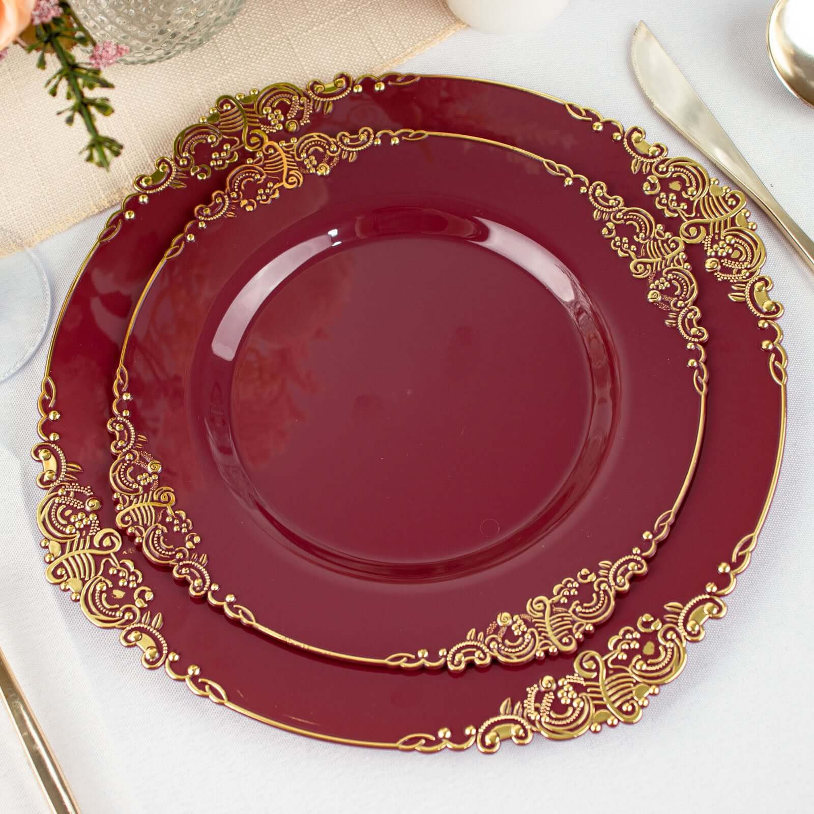 10-Pack Plastic 8" Round Dessert Plates in Burgundy with Gold Leaf Embossed Rim for Gatherings & Events