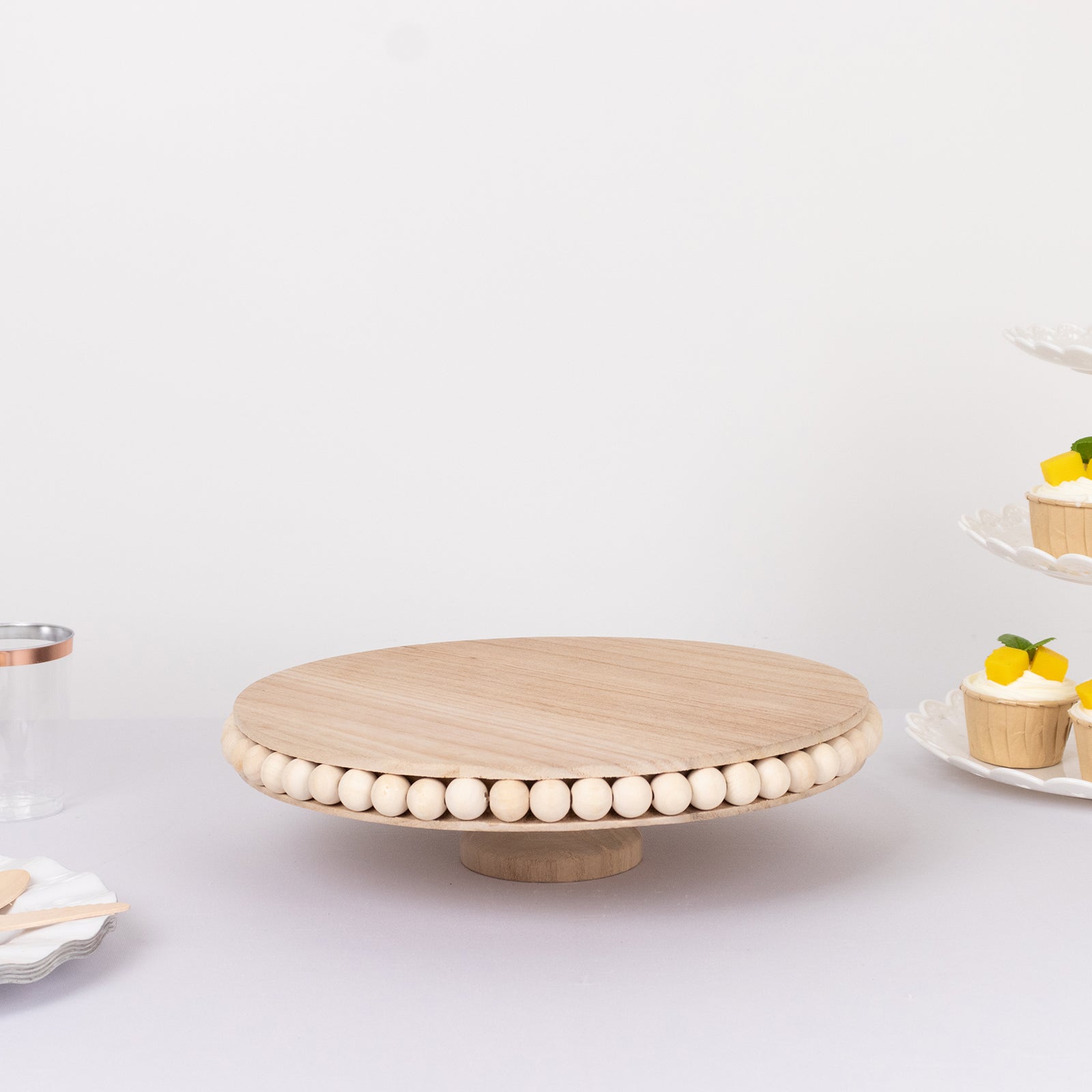 Wooden Pedestal Cake Stand Round Rustic Design with Beaded Edge Natural - Farmhouse Cupcake Holder Serving Tray 12"