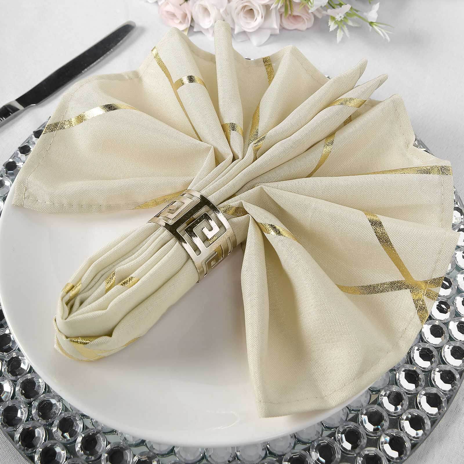 5 Pack Polyester 20"x20" Napkins Beige with Gold Geometric Foil Pattern - Modern Reusable Dinner Napkins