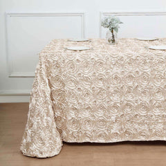 Satin 90"x132" Rectangle Tablecloth Beige - Grandiose 3D Rosette Seamless Table Cover