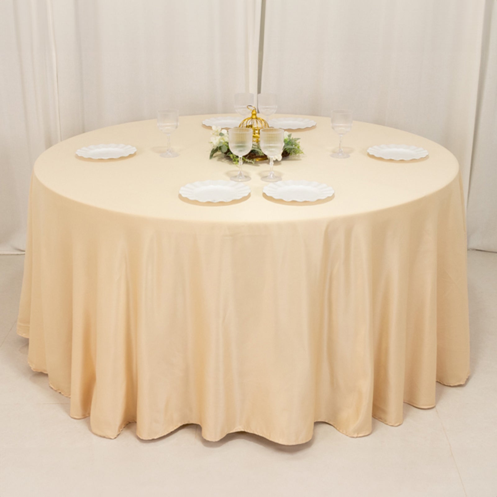 Lamour Satin 120" Round Tablecloth Beige - Seamless Table Cover with Soft Tempered Sheen