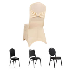 Spandex Chair Cover with Silver Rhinestone Buckled Sash Band Beige - Stretch Fitted Slipcover