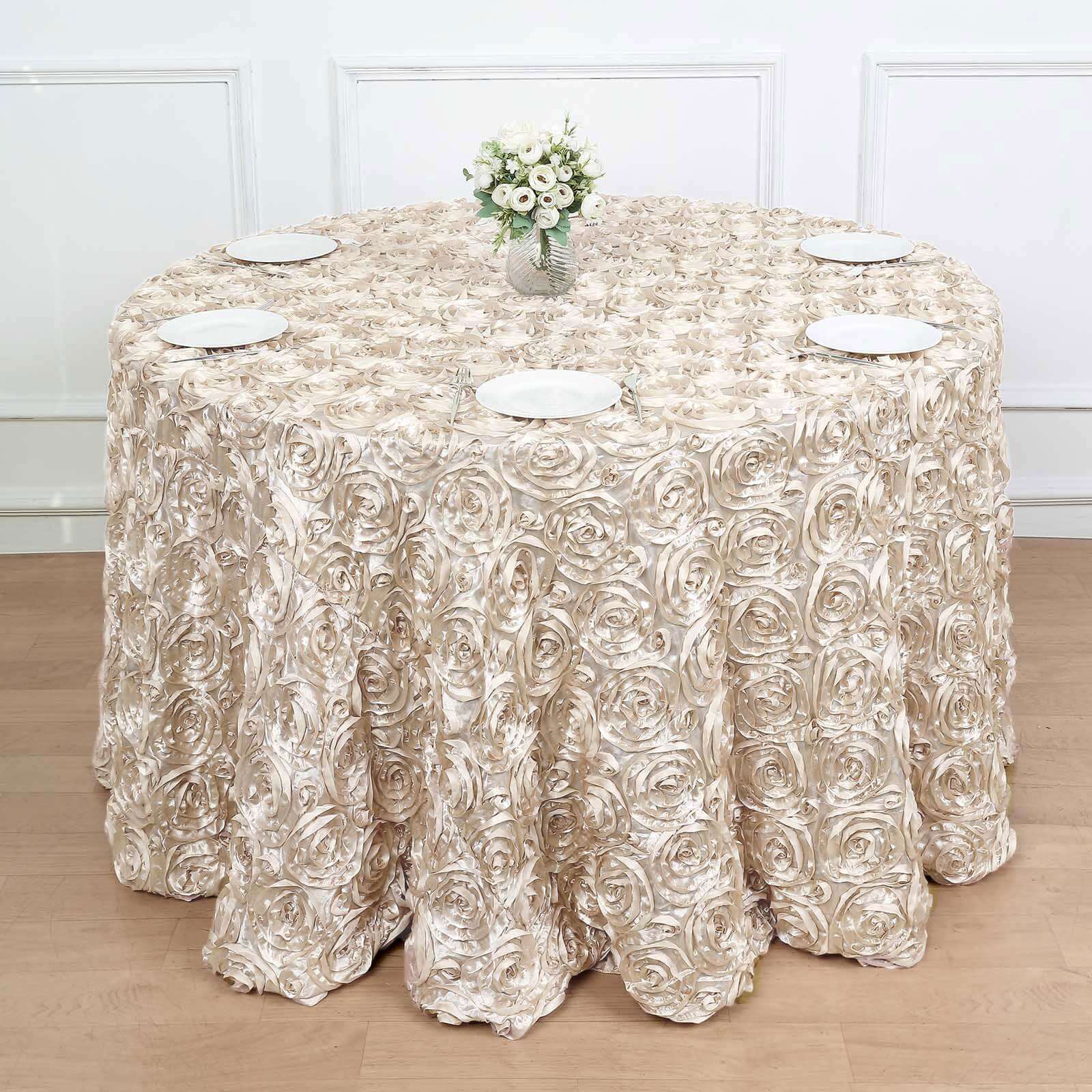 Satin 120" Round Tablecloth Beige - Grandiose 3D Rosette with Seamless Finish Table Cover