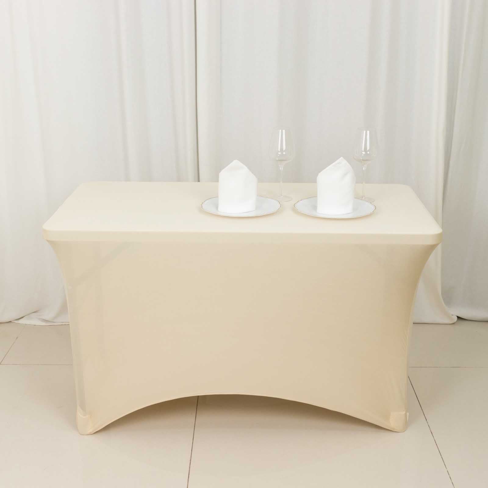 Stretch Spandex 48"x30" Rectangle Tablecloth Beige - Durable Form-Fitting Table Cover