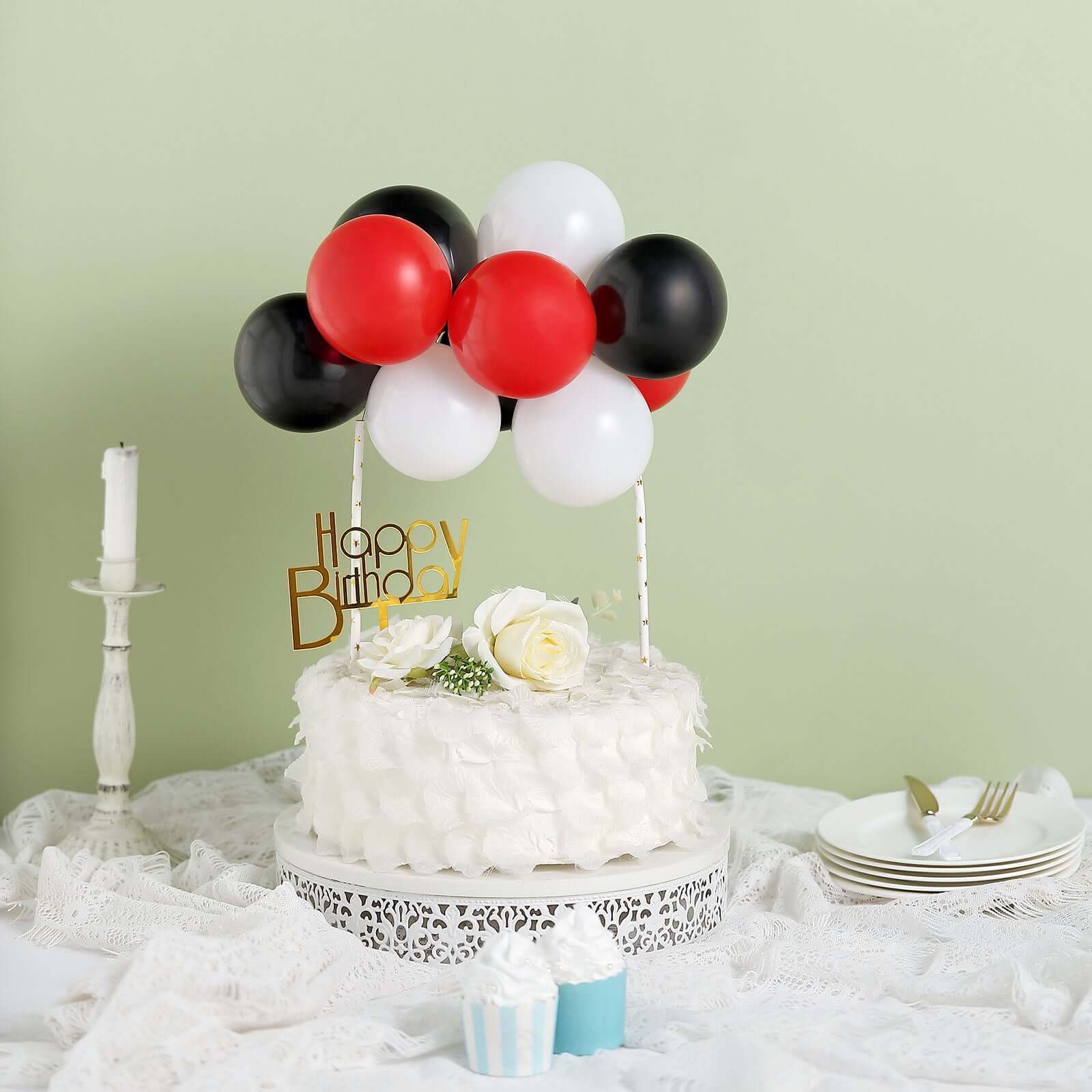 11 Pcs Balloon Cake Topper Black, Red and White - Whimsical Clustered Mini Garland Cake Inserts DIY Party Decorations