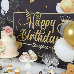 6ftx3ft Black Gold Happy Birthday Photo Booth Backdrop Decoration, Large Polyester Background Banner