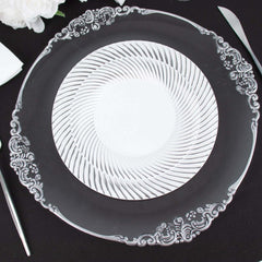 10-Pack Plastic 7" Round Dessert Plates in White with Silver Swirl Rim - Disposable Salad Plates