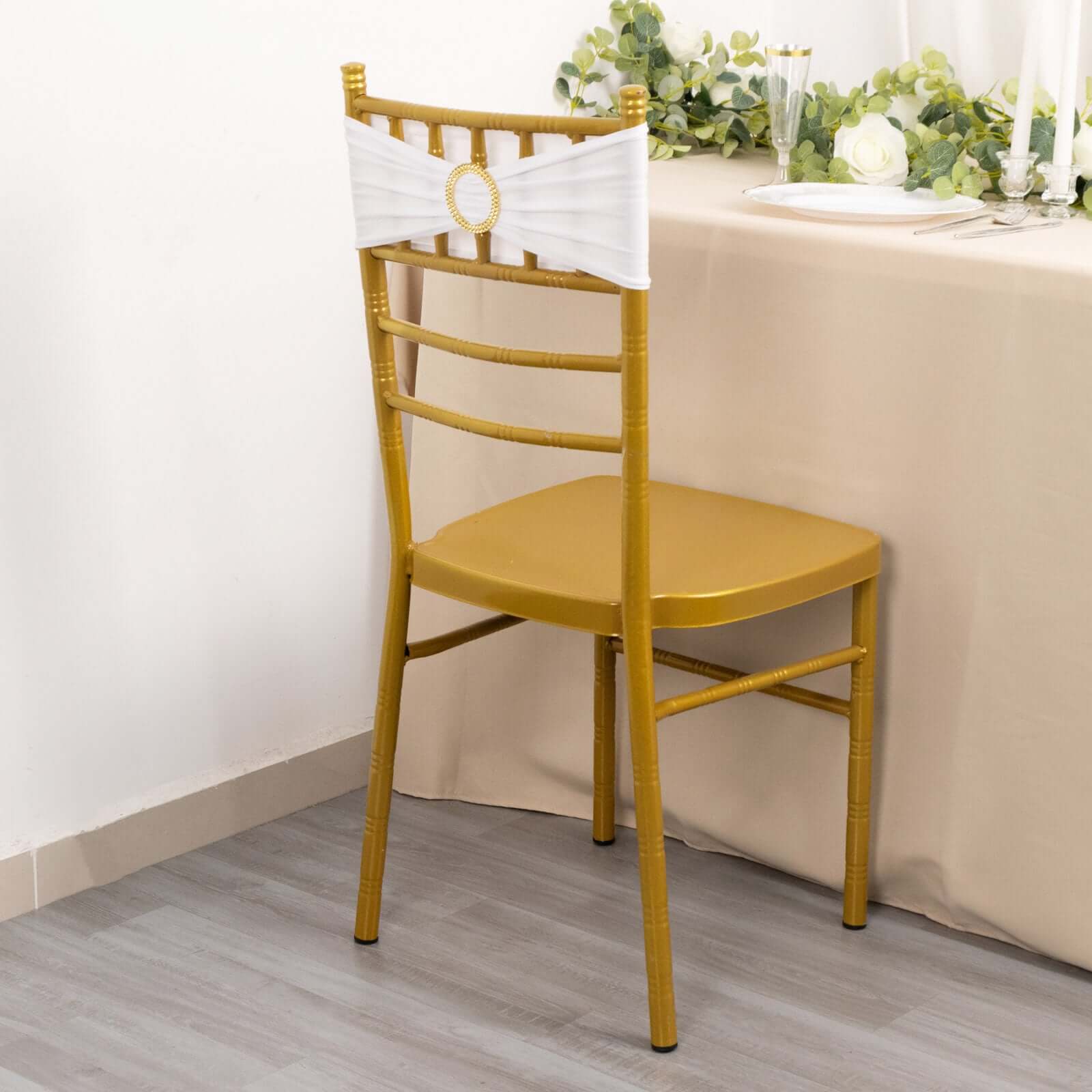 5 Pack Spandex Chair Sashes White with Gold Rhinestone Buckles - Reusable Four-Way Stretch Sash Bands for Classy & Effortless Wedding & Party Decor 5"x14"