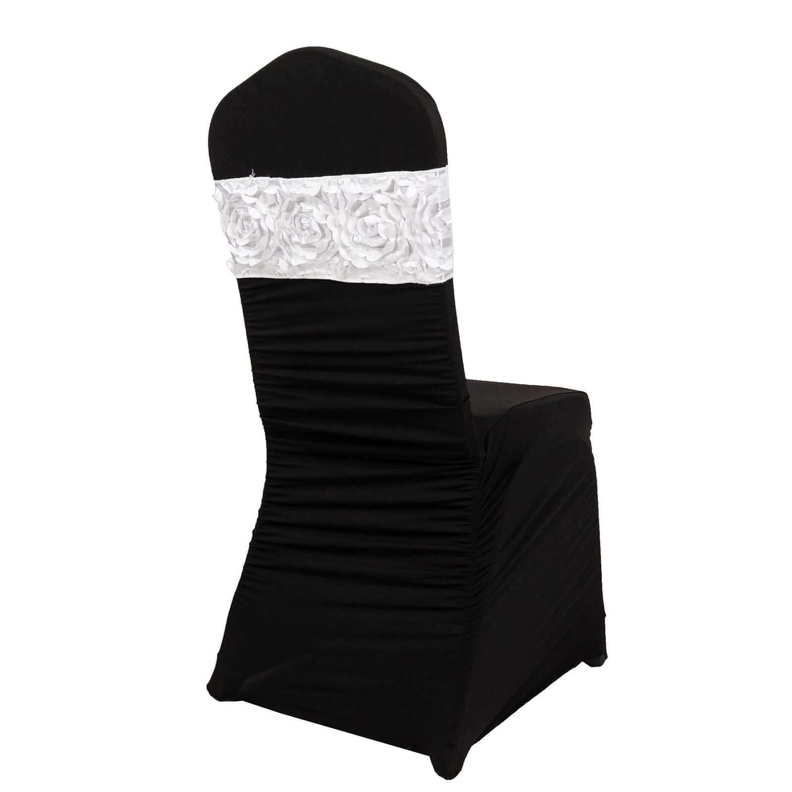 5 Pack Satin Spandex Chair Sashes White - Exquisite Rosette Design Stretch Chair Bands 6"x14"