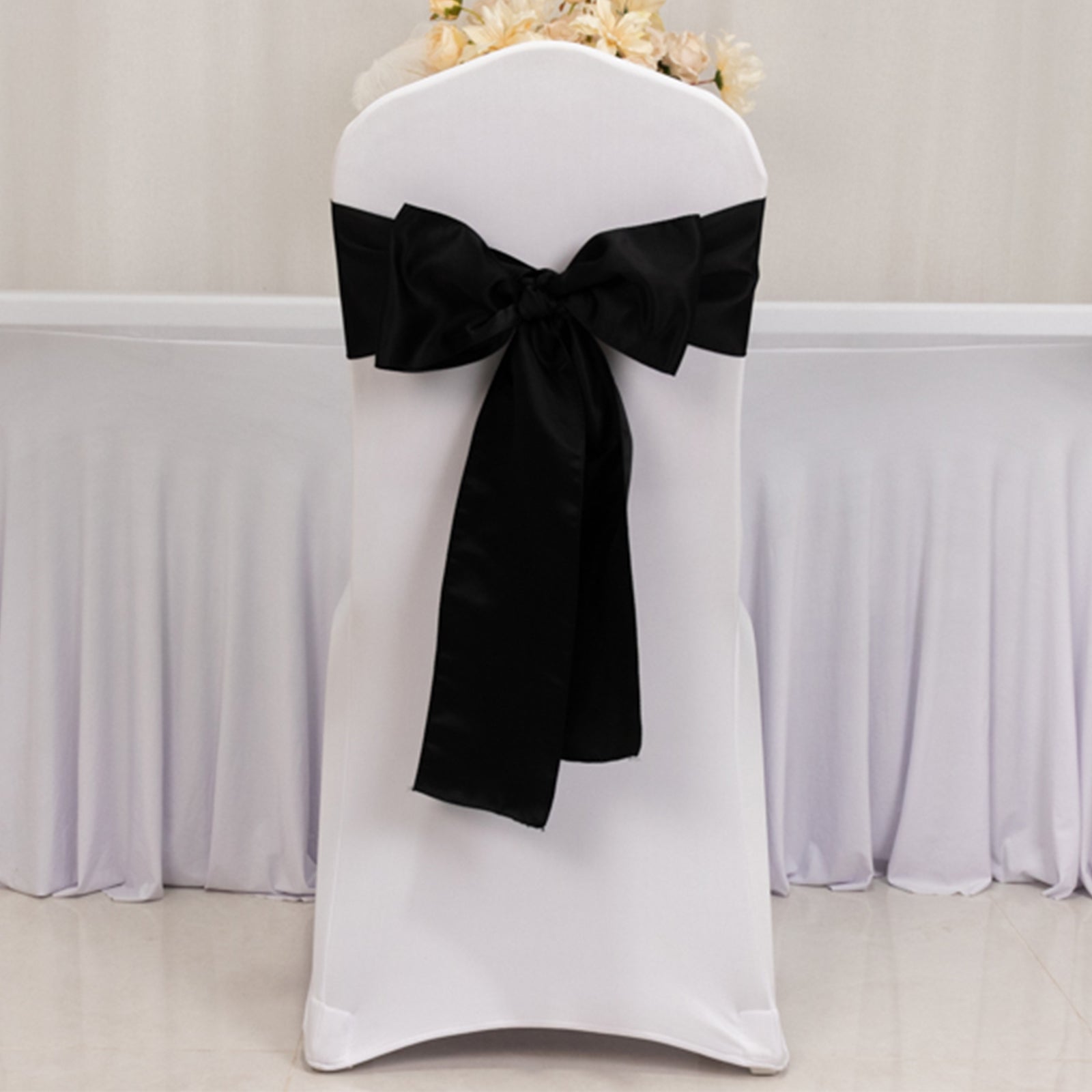 5 Pack Lamour Satin 6"x106" Chair Sashes Black - Stylish Reusable Decorative Bows for Weddings & Gatherings