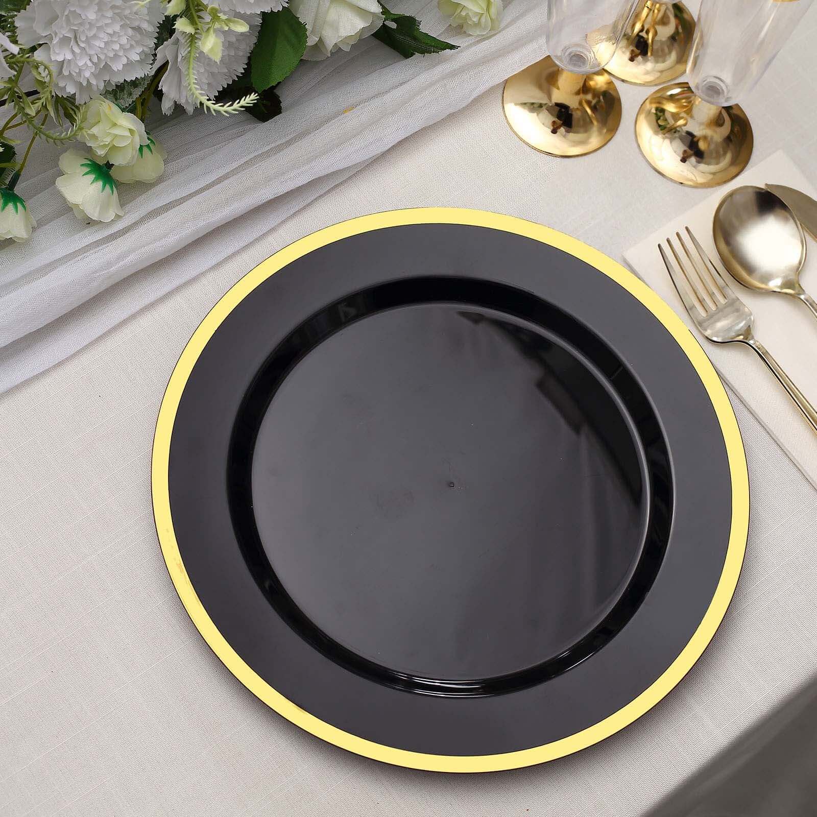10-Pack Plastic 10" Round Dinner Plates in Black with Gold Rim - Disposable Party Plates for Classy Banquets & Special Occasions