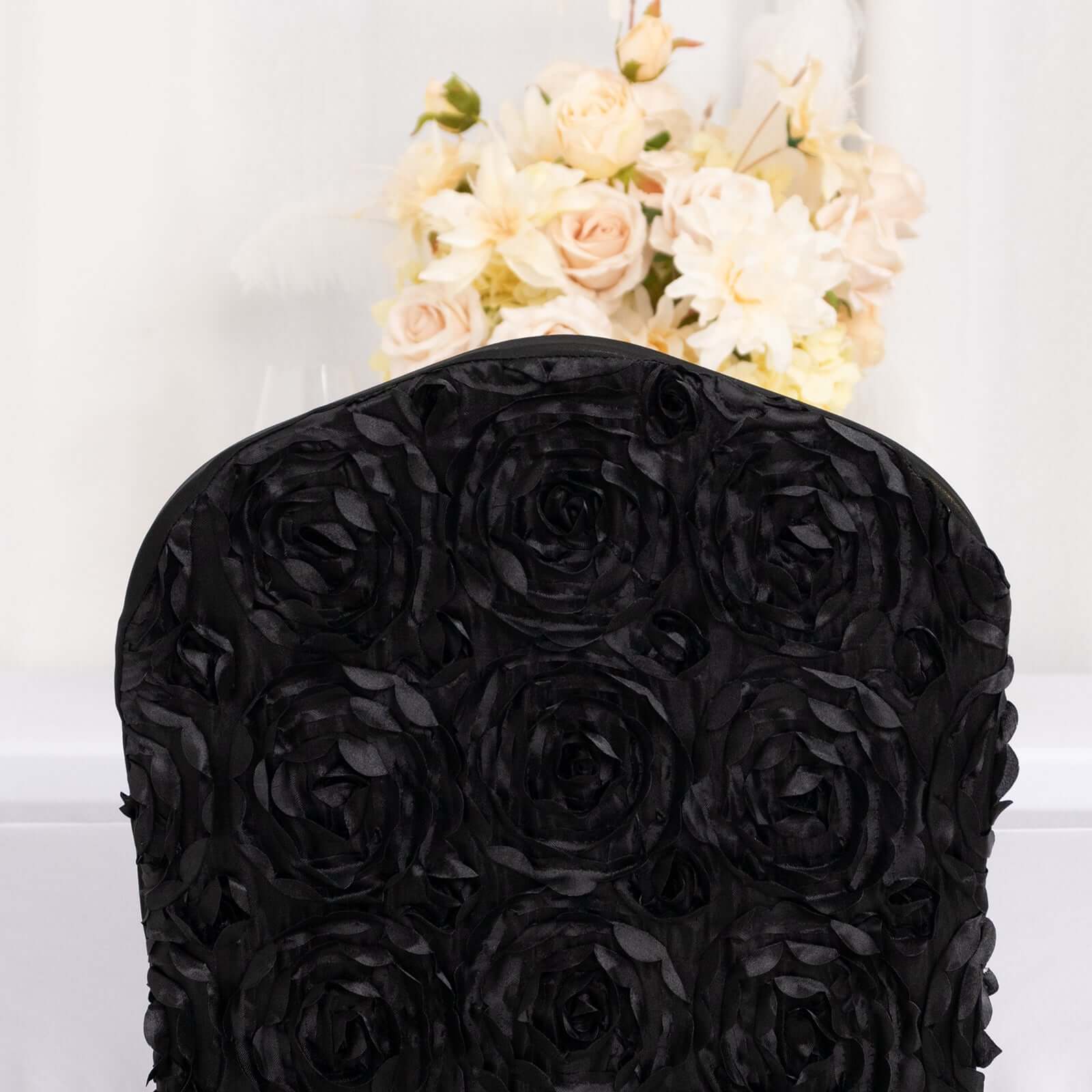 Satin Rosette Chair Cover for Banquet Chairs Black - Stretch Fitted Slip-On Slipcover