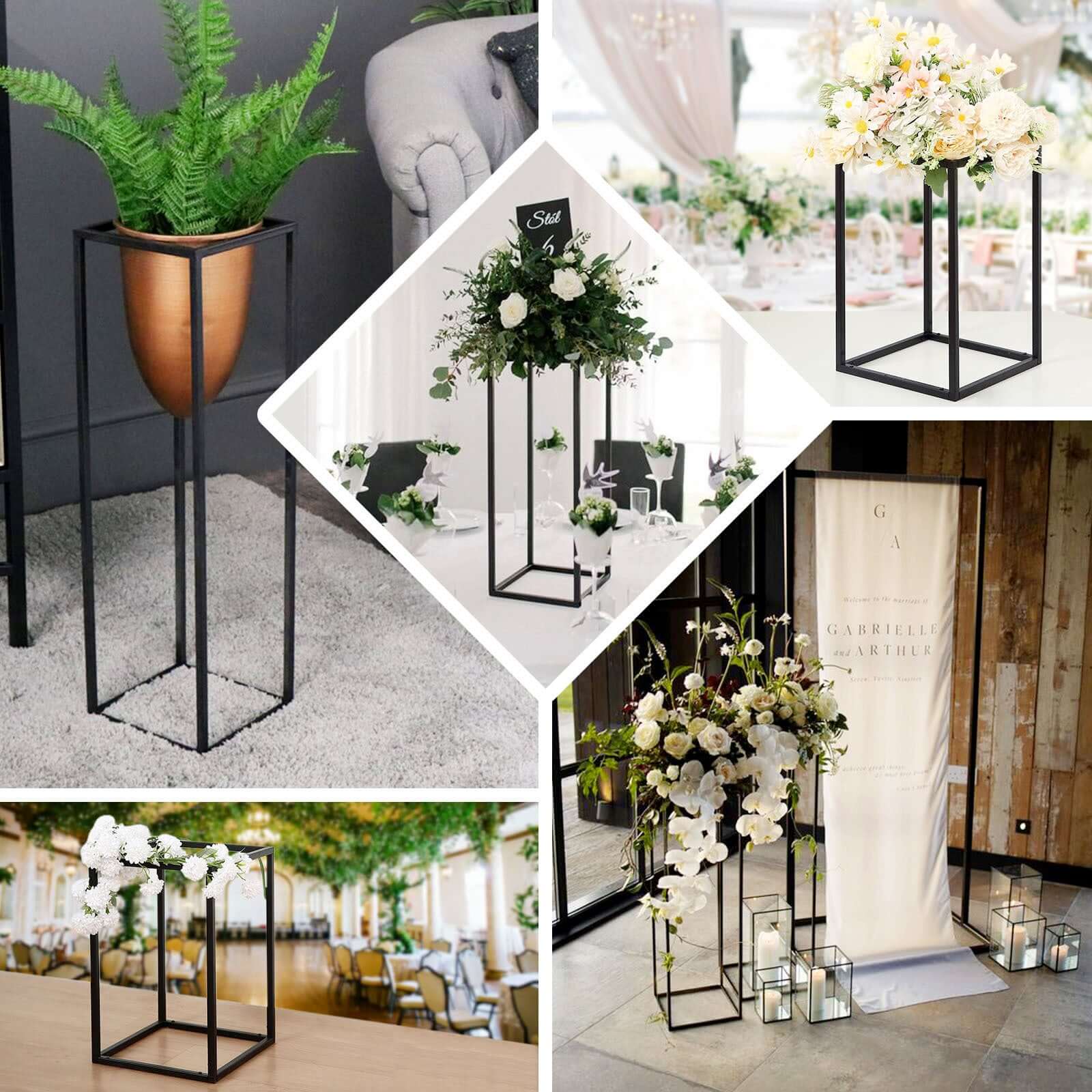 2-Pack Wedding Flower Stand Black Metal Geometric Column Frame Rectangular - Versatile Floral Pedestal for Sophisticated Arrangements 24"