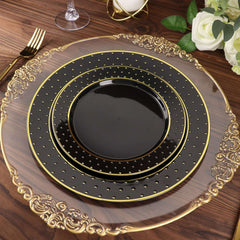 10-Pack Plastic 10" Round Dinner Plates in Black with Gold 3D Polka Dotted Rim - Sturdy Disposable Party Plates for Modern Themed Events & Banquets