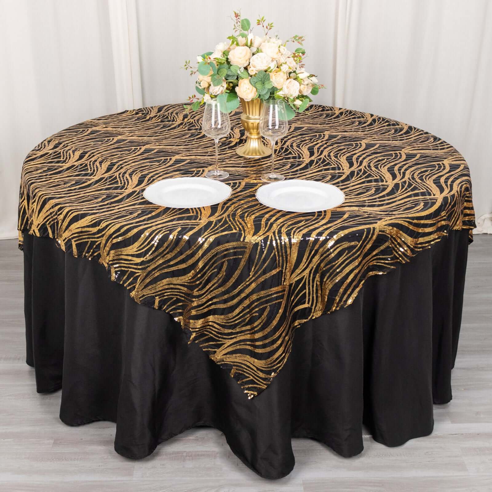 Mesh 72"x72" Table Overlay Square Tablecloth Black Gold - Wave Embroidered Sequins Table Topper