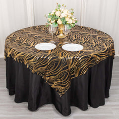 Mesh 72"x72" Table Overlay Square Tablecloth Black Gold - Wave Embroidered Sequins Table Topper