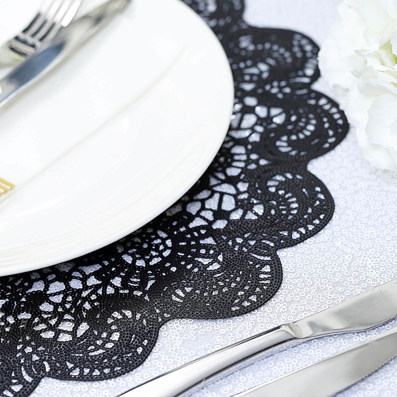 6-Pack Dining Table Mats Floral Lace Design Black - Vinyl Non-Slip Surface with Vintage Appeal 15"