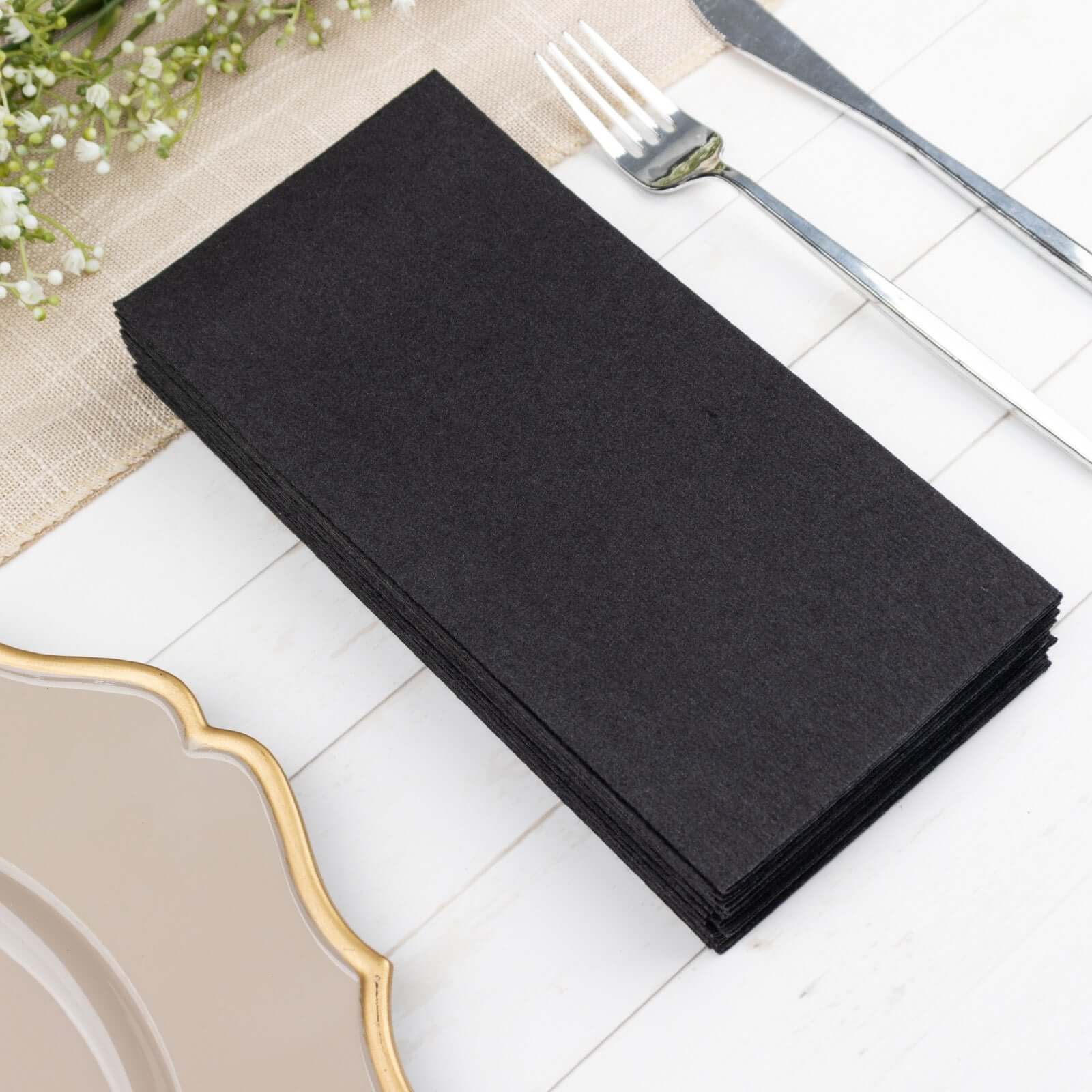 20 Pack Linen-Like Paper 8.5"x4" Napkins Black - Highly Absorbent & Disposable Airlaid Guest Towels