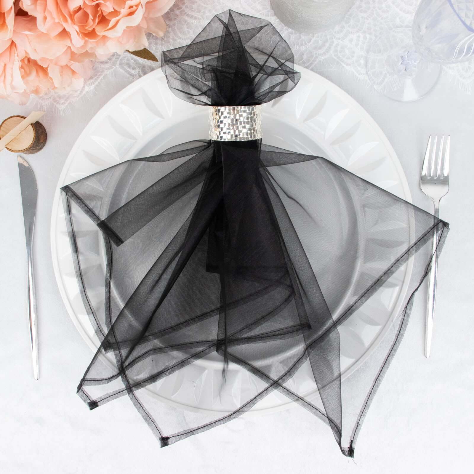 10 Pack Organza 23"x23" Napkins Black - Sheer Cloth Napkins