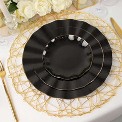 10-Pack Plastic 11" Round Dinner Plates in Black Ruffled Rim with Gold Edging - Sturdy Disposable Dinnerware