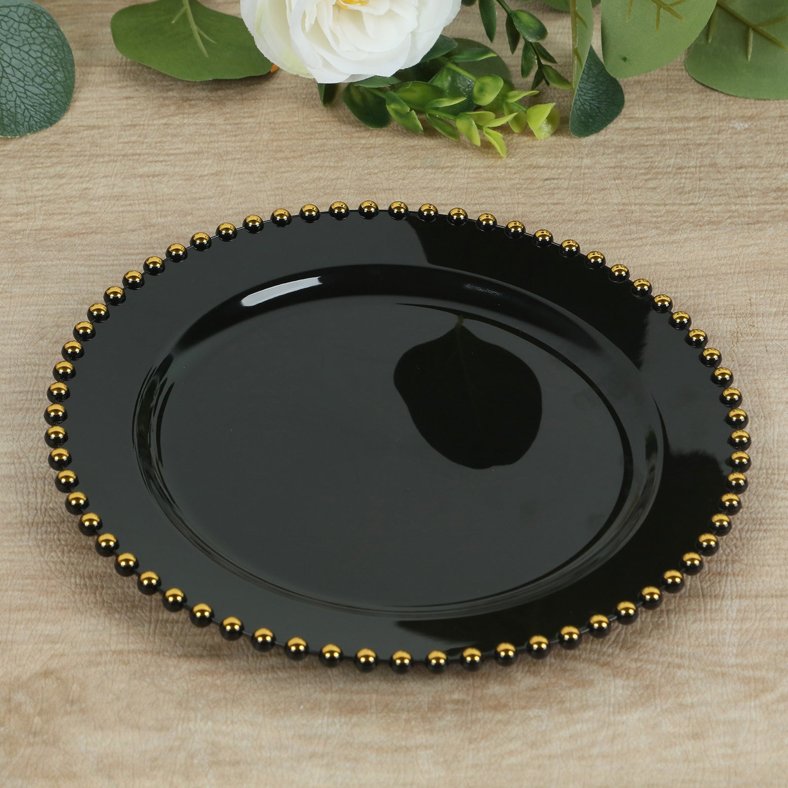 10-Pack Plastic 10" Round Dinner Plates in Black with Gold Beaded Rim - Disposable Party Plates for Banquets & Festive Occasions