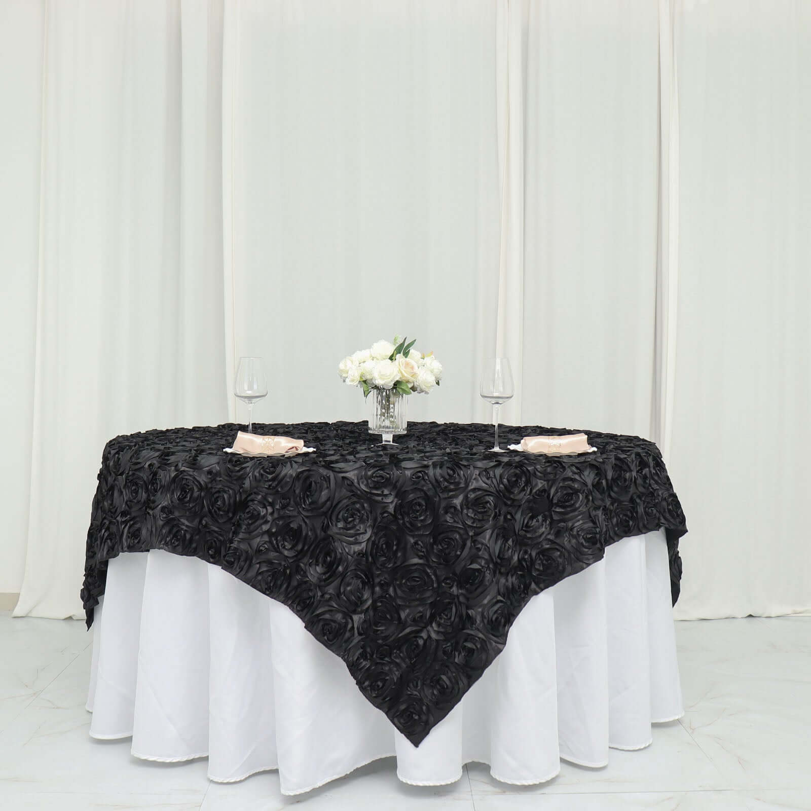 Satin 72"x72" Table Overlay Square Tablecloth Black - 3D Rosette Design for Stylish Occasions