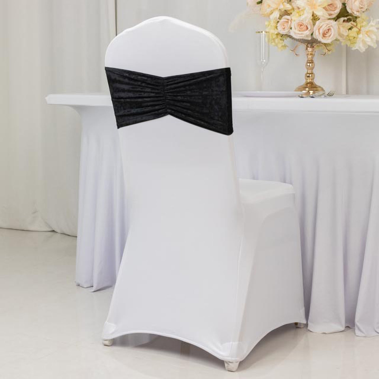 5 Pack Crushed Velvet Chair Bands Black Wide Ruffle Style - Textured Chair Sashes for Stunning Event Decor - 8"x15"