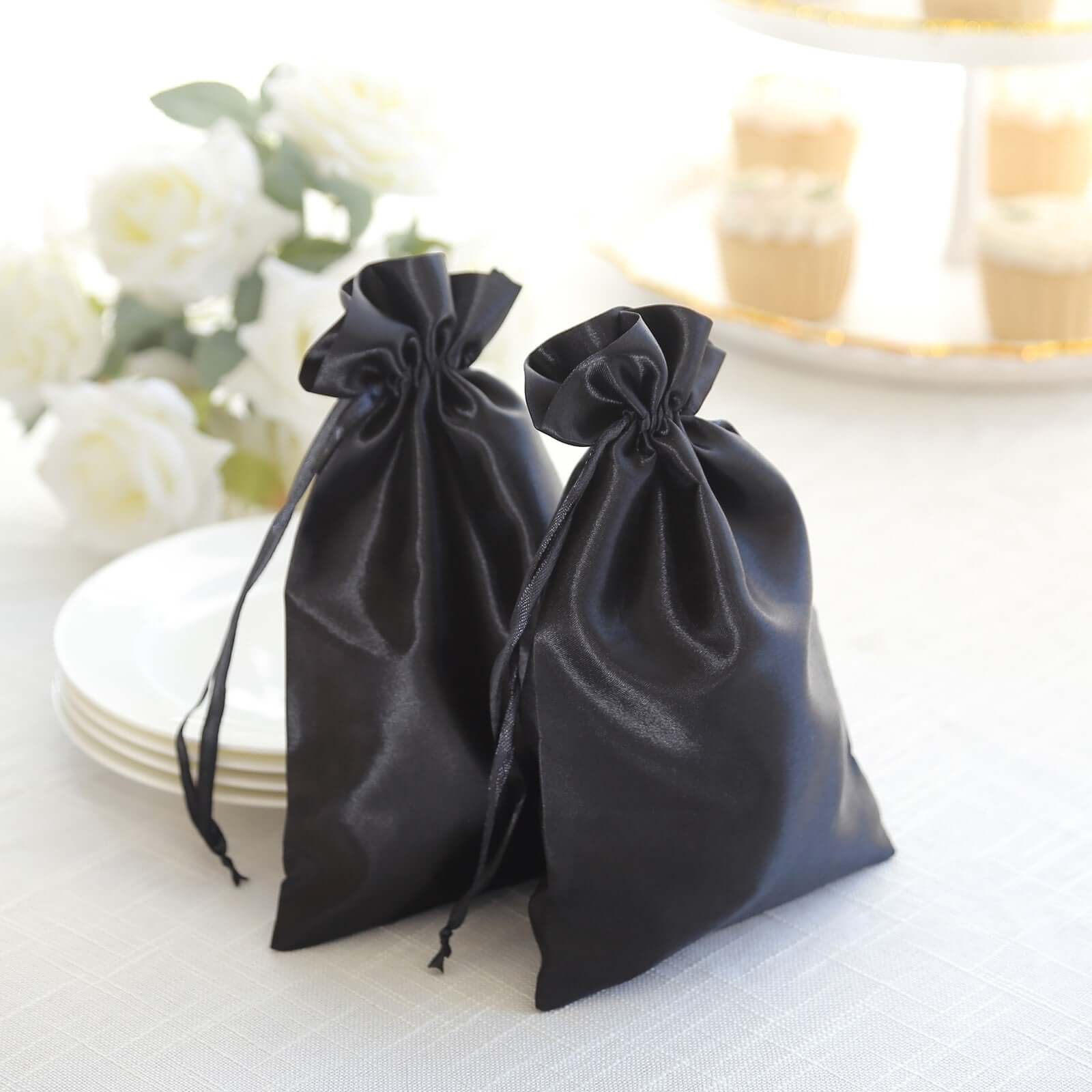12 Pack 6"x9" Black Satin Drawstring Wedding Party Favor Gift Bags