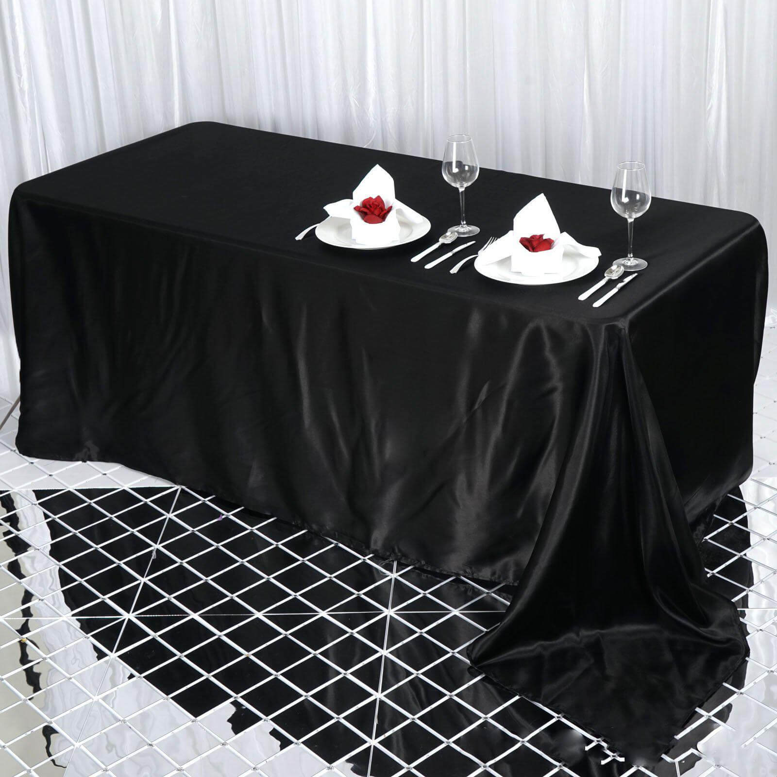 Satin Rectangular 90"x132" Tablecloth Black - Seamless Stylish Table Cover for Weddings and Parties