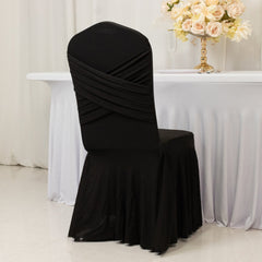 Black Spandex Banquet Chair Cover with Ruffle Skirt & Cross Back Sash – Stretch Slipcover for Events