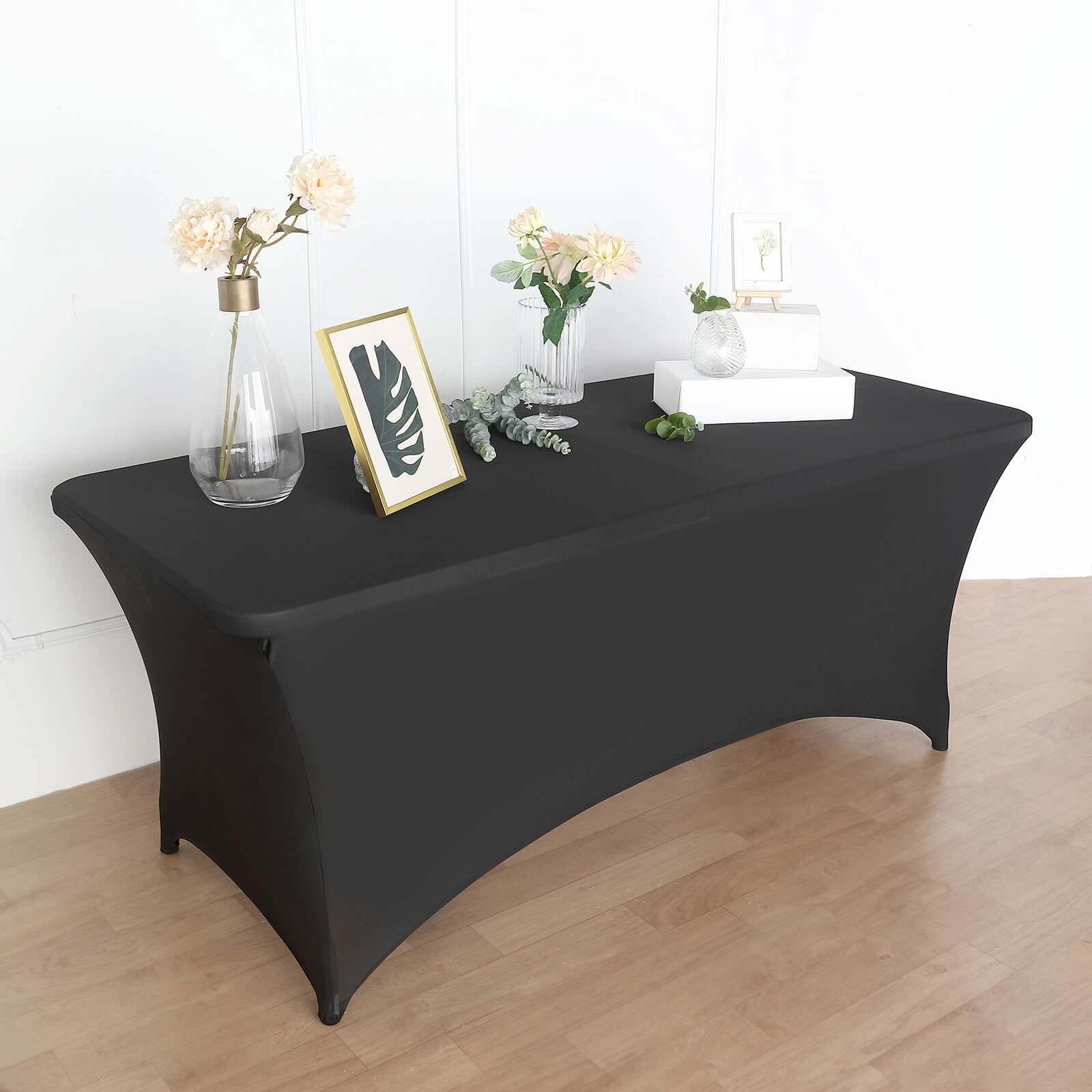 Stretch Spandex 96"x30" Rectangle Table Cover Black with Curved Open Back Design Tailored Professional Look for Tradeshows, Events & Exhibitions