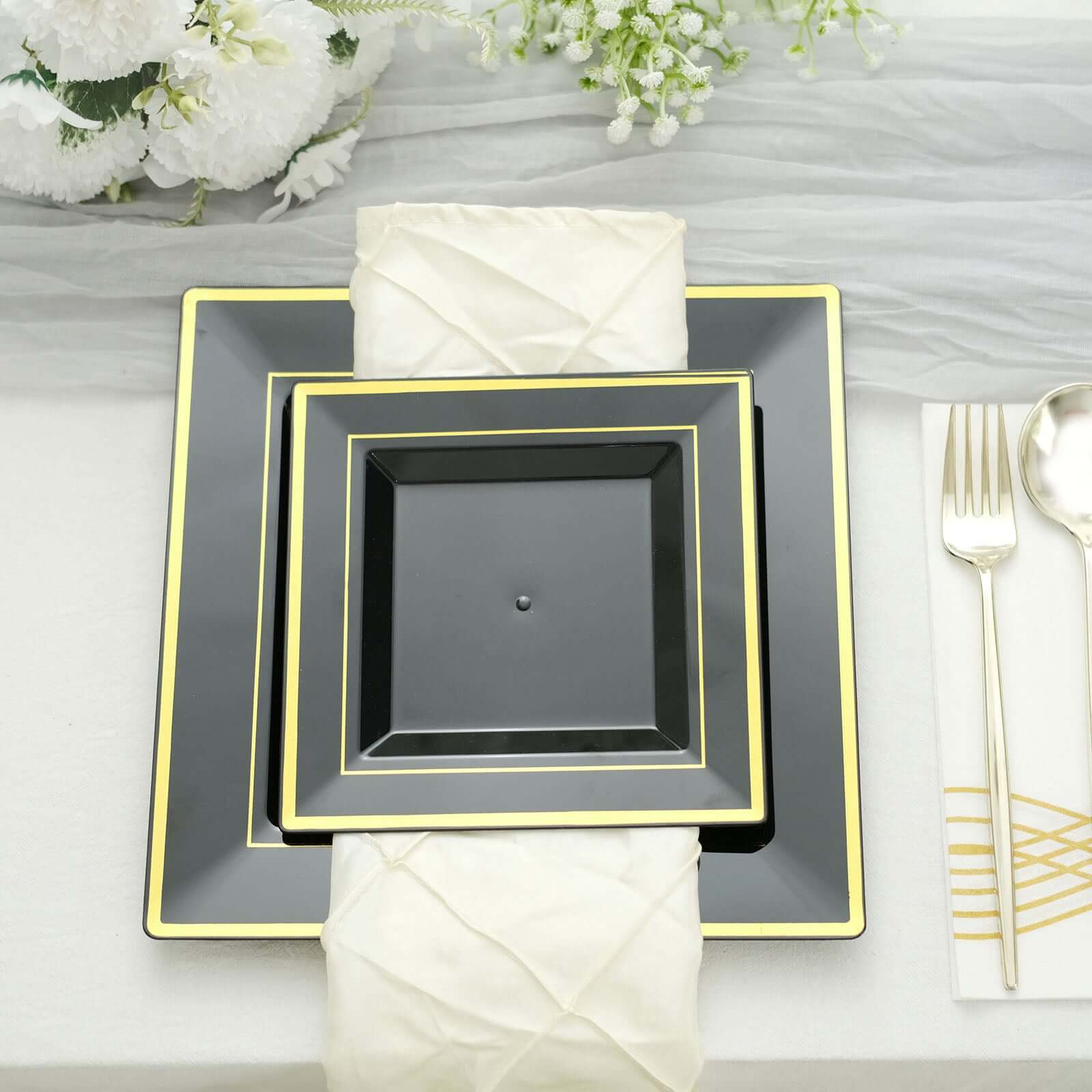 10-Pack Plastic Salad Dessert Plates Black Square with Gold Trim - Durable Disposable Appetizer Plates 7"