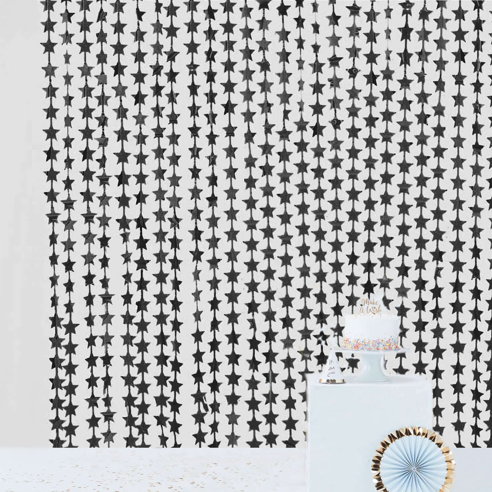 Black Star Chain Foil Fringe Curtain Party Backdrop, Metallic Black Tinsel Streamer Party Decor - Door Window Foil Curtain - 3ftx6.5ft