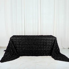 Satin 90"x156" Rectangle Tablecloth Black - Grandiose 3D Rosette Table Cover with Seamless Finish