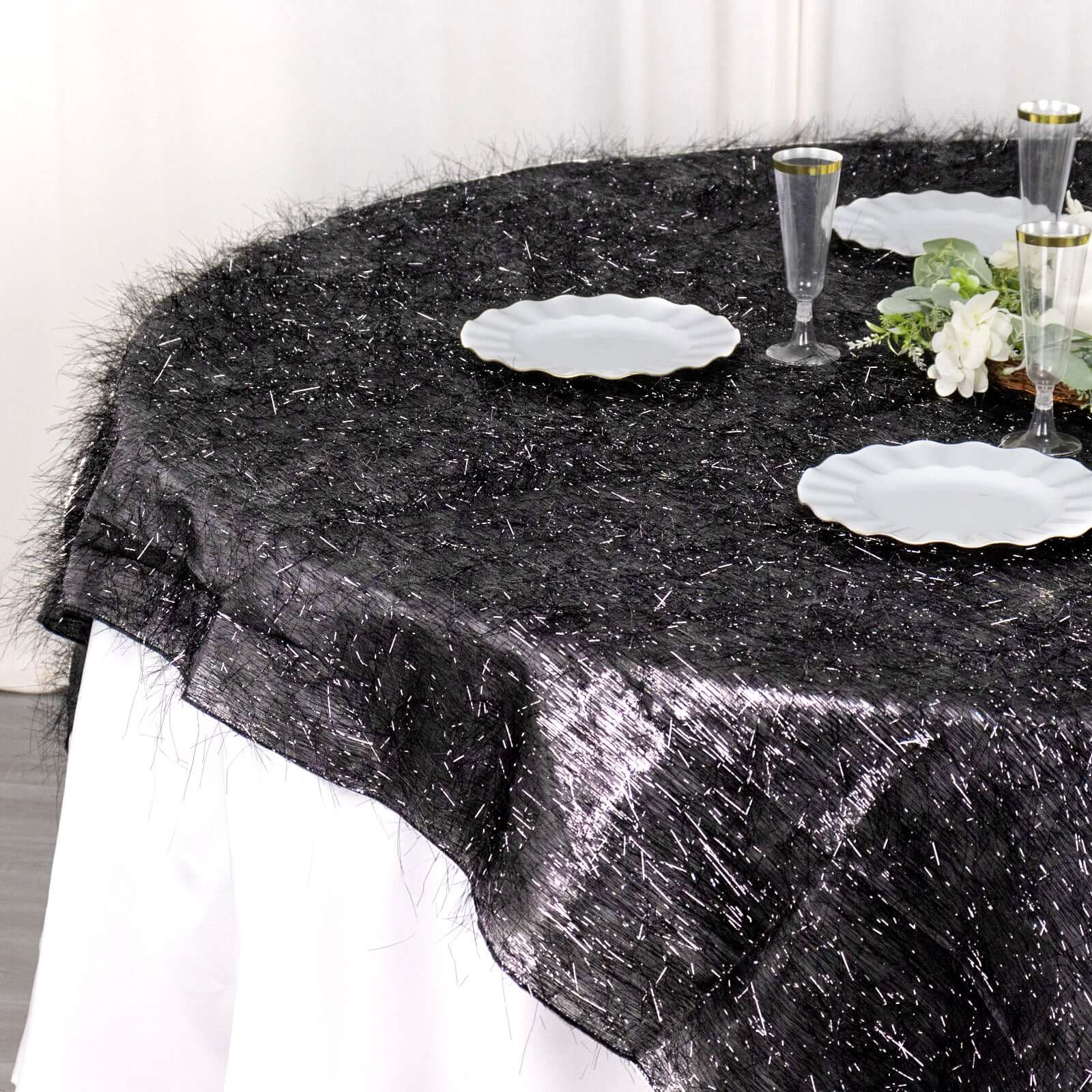 Polyester 72"x72" Table Overlay Square Tablecloth Black - Metallic Fringe Shag Tinsel Table Cover