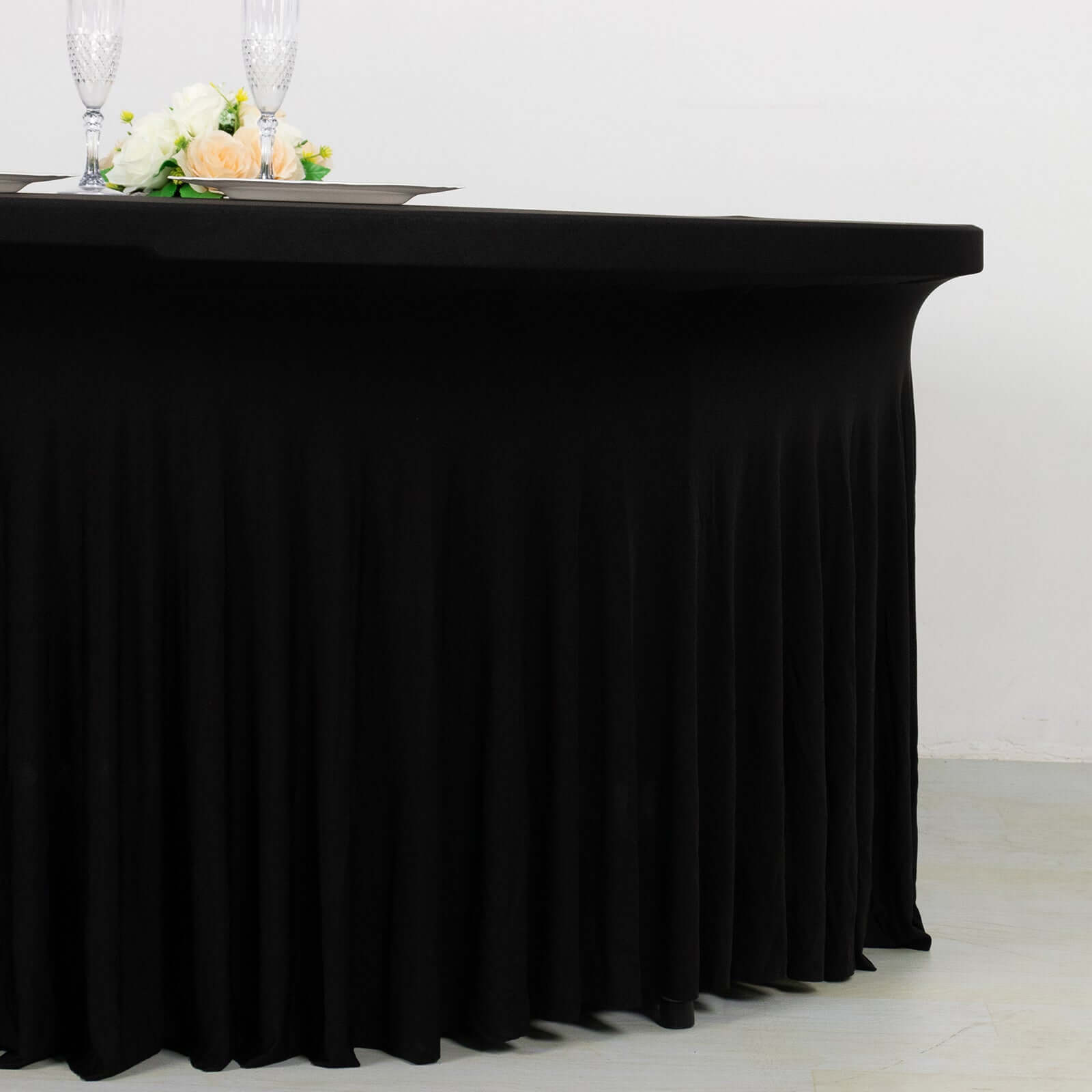 Spandex Round 5ft Table Skirt Black with Wavy Skirt-Like Effect Stylish Table Cover