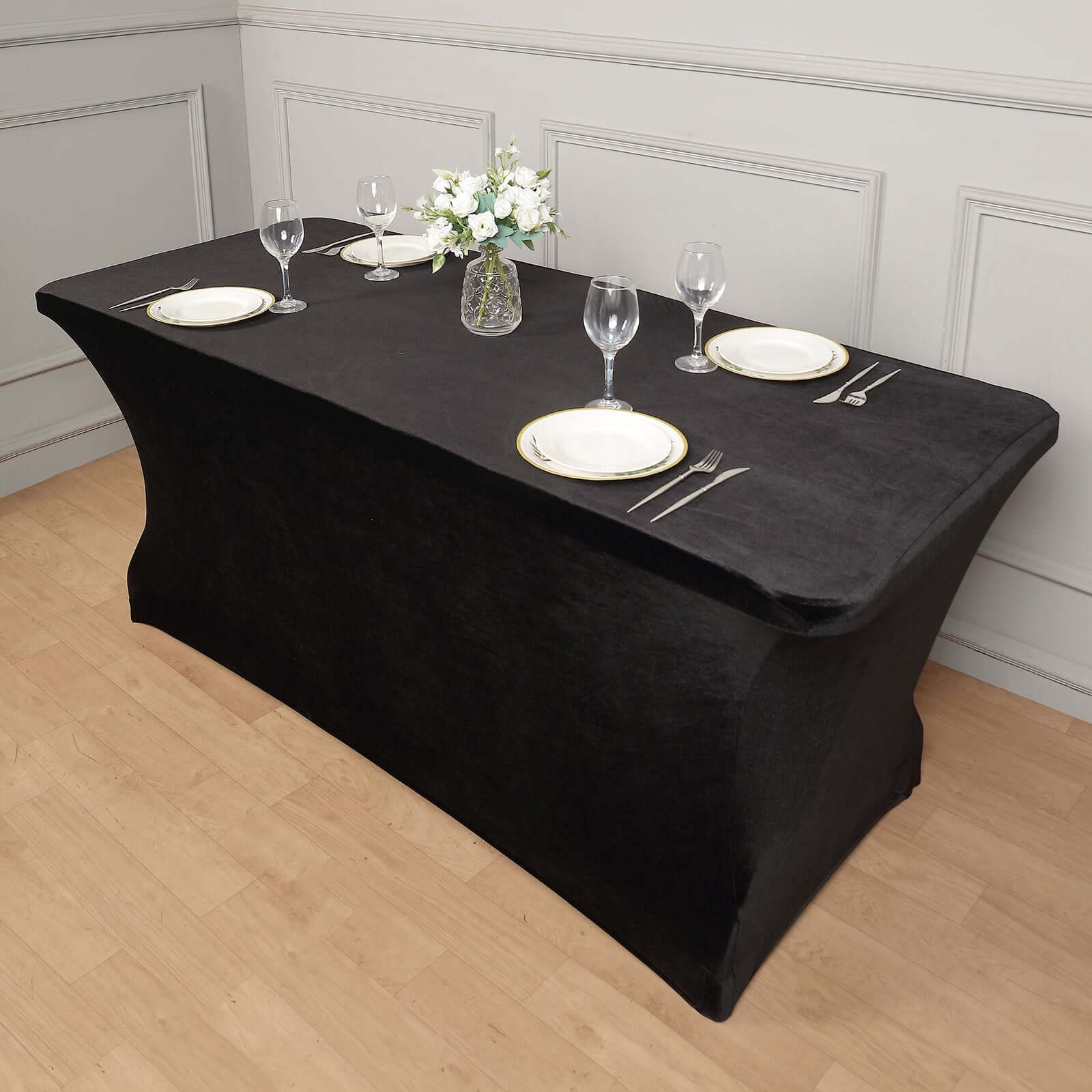 Velvet Spandex 6ft Rectangle Tablecloth Black - Fitted Wrinkle-Free Design for 72"x30" Tables
