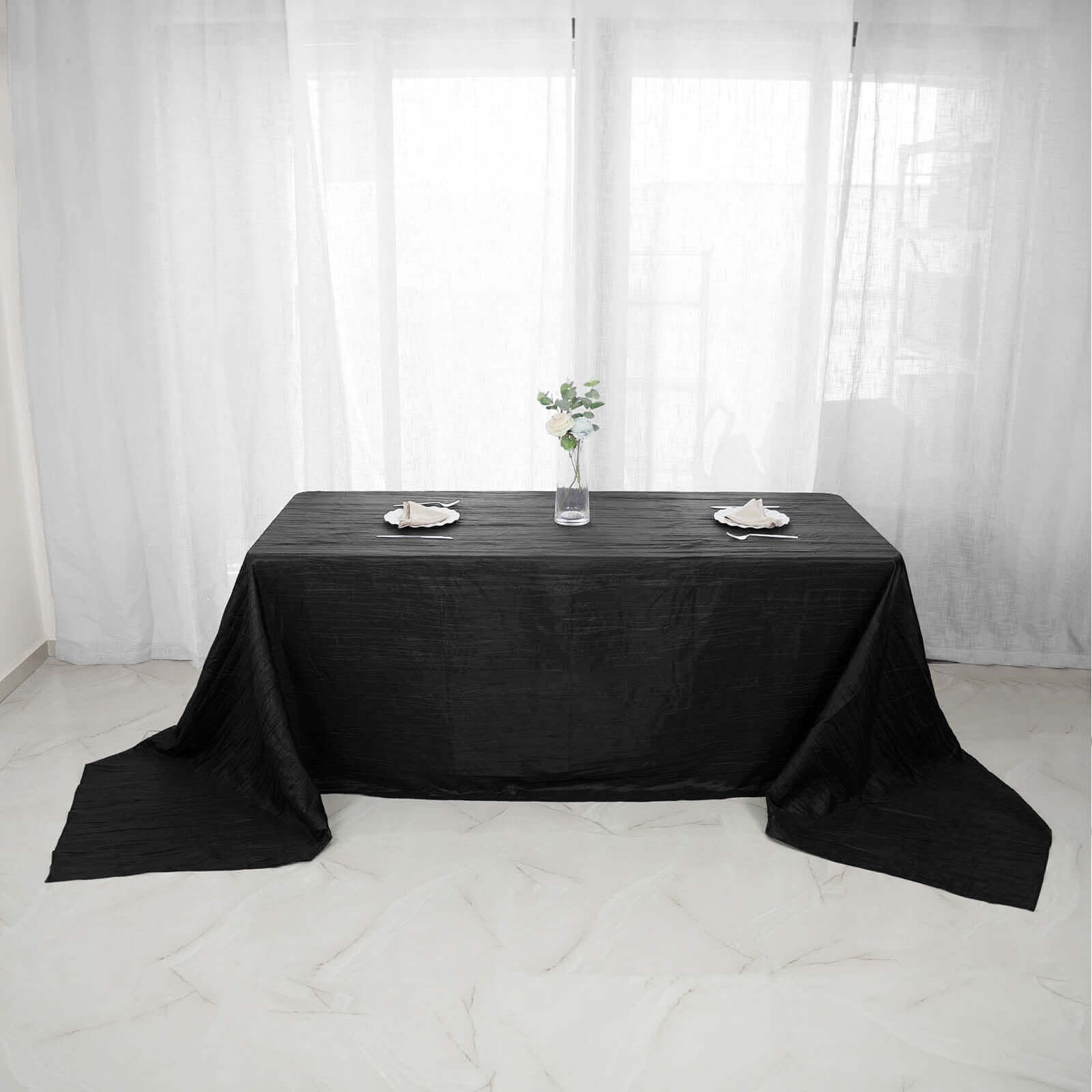 Taffeta 90"x156" Rectangle Tablecloth Black - Accordion Crinkle Seamless Table Cover