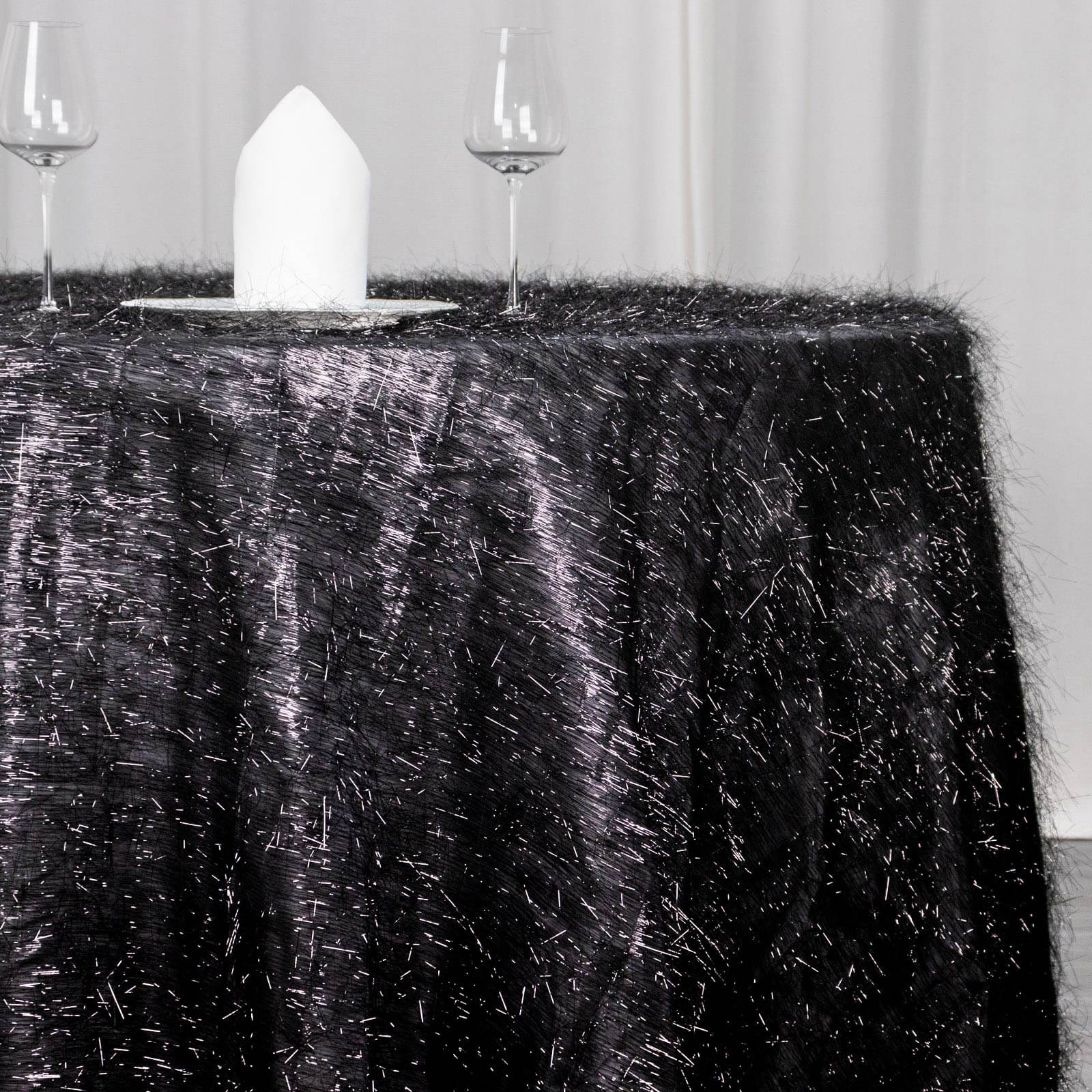 Polyester 120" Round Black Tablecloth Metallic Fringe Shag Tinsel Table Cover