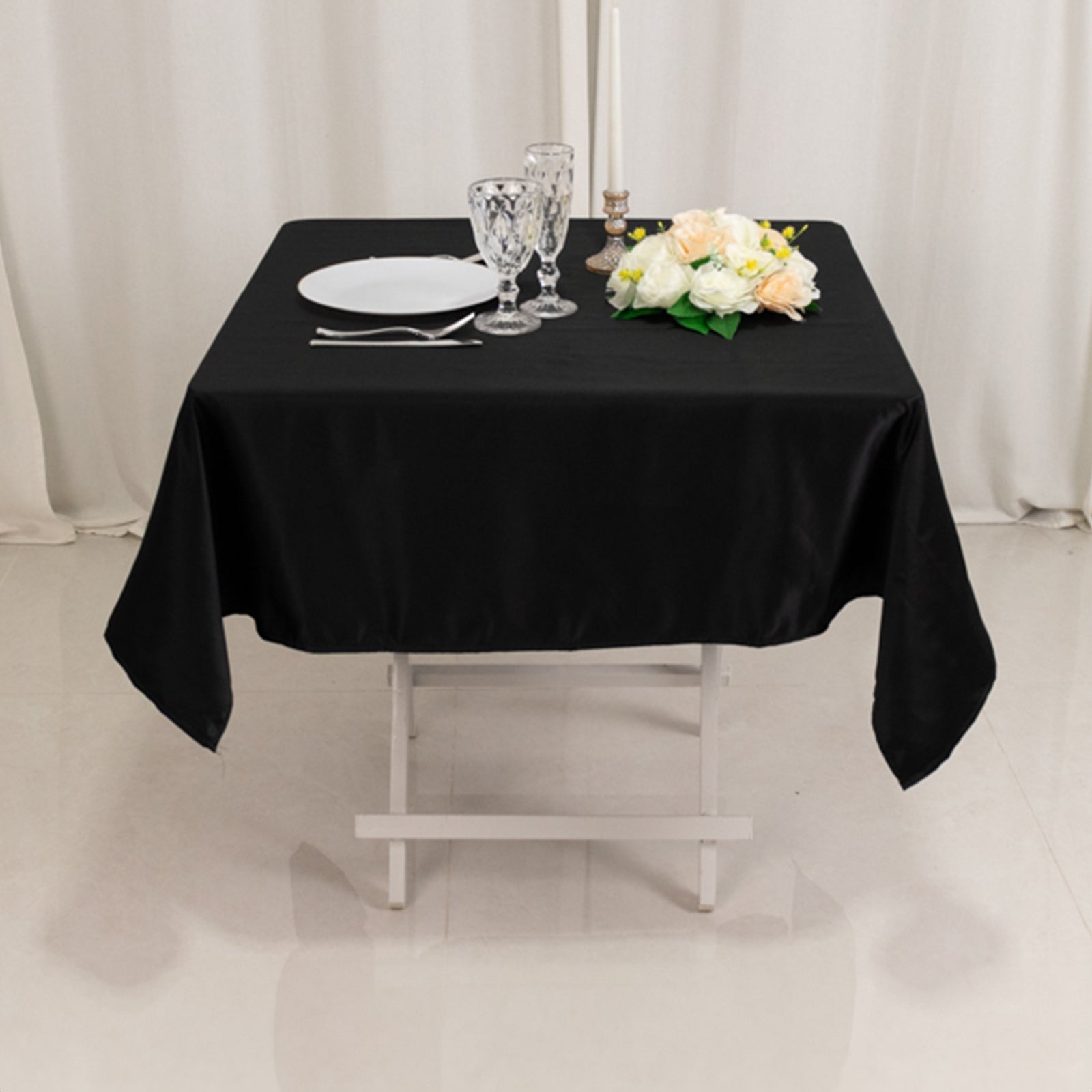 Lamour Satin 54"x54" Square Tablecloth Black - Durable & Silk-Like Table Cover for Weddings & Parties