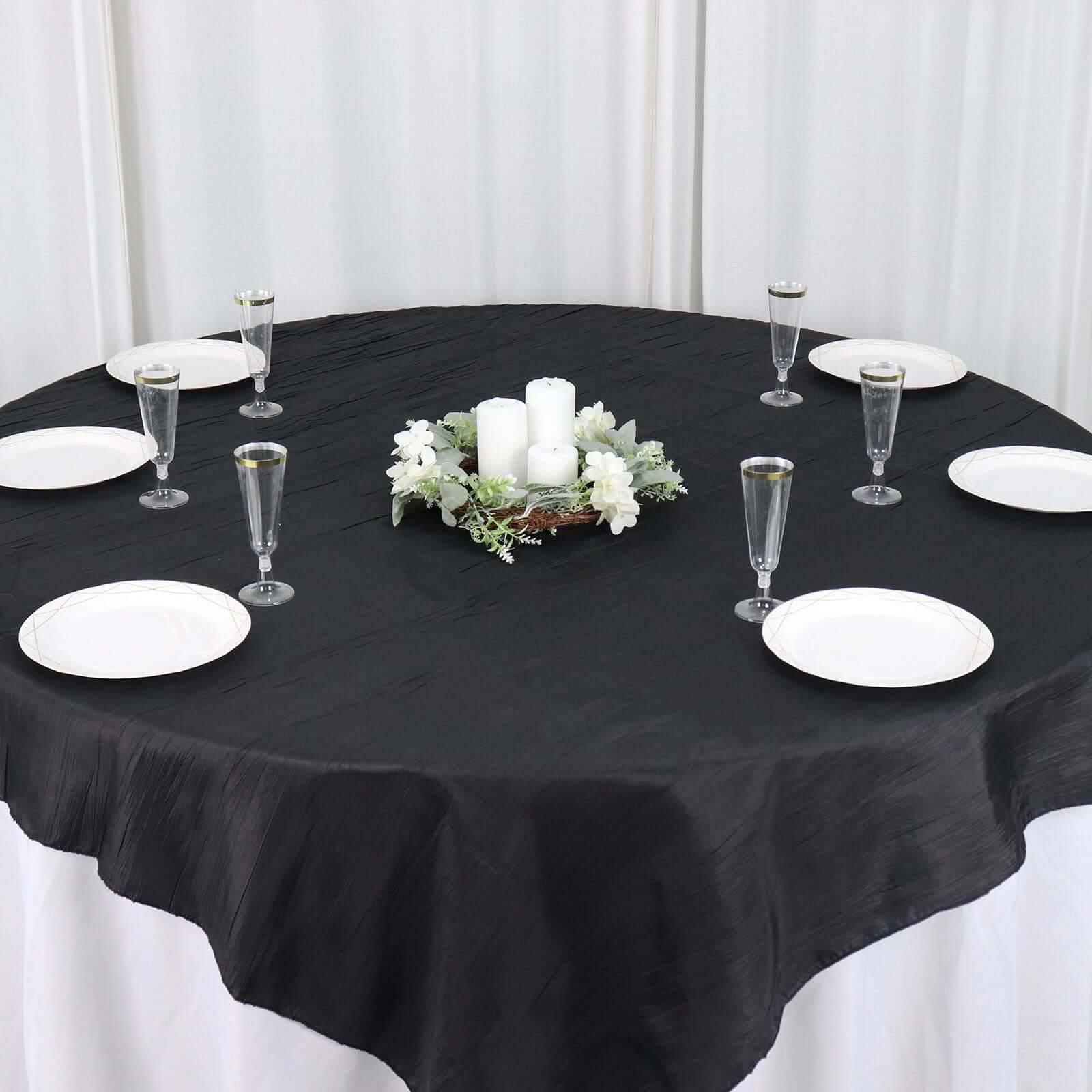 Taffeta 72"x72" Table Overlay Square Tablecloth Black - Accordion Crinkle Table Cover