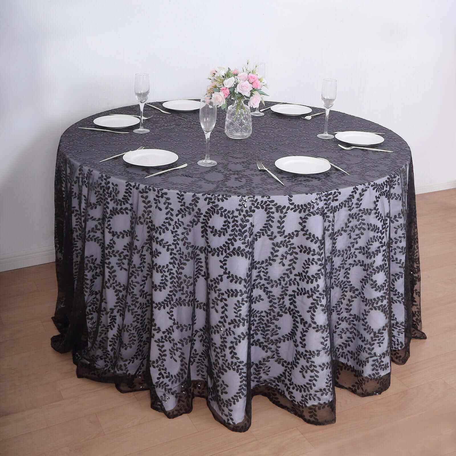 Tulle 120" Round Tablecloth Black - Seamless Sequin Leaf Embroidered Table Cover