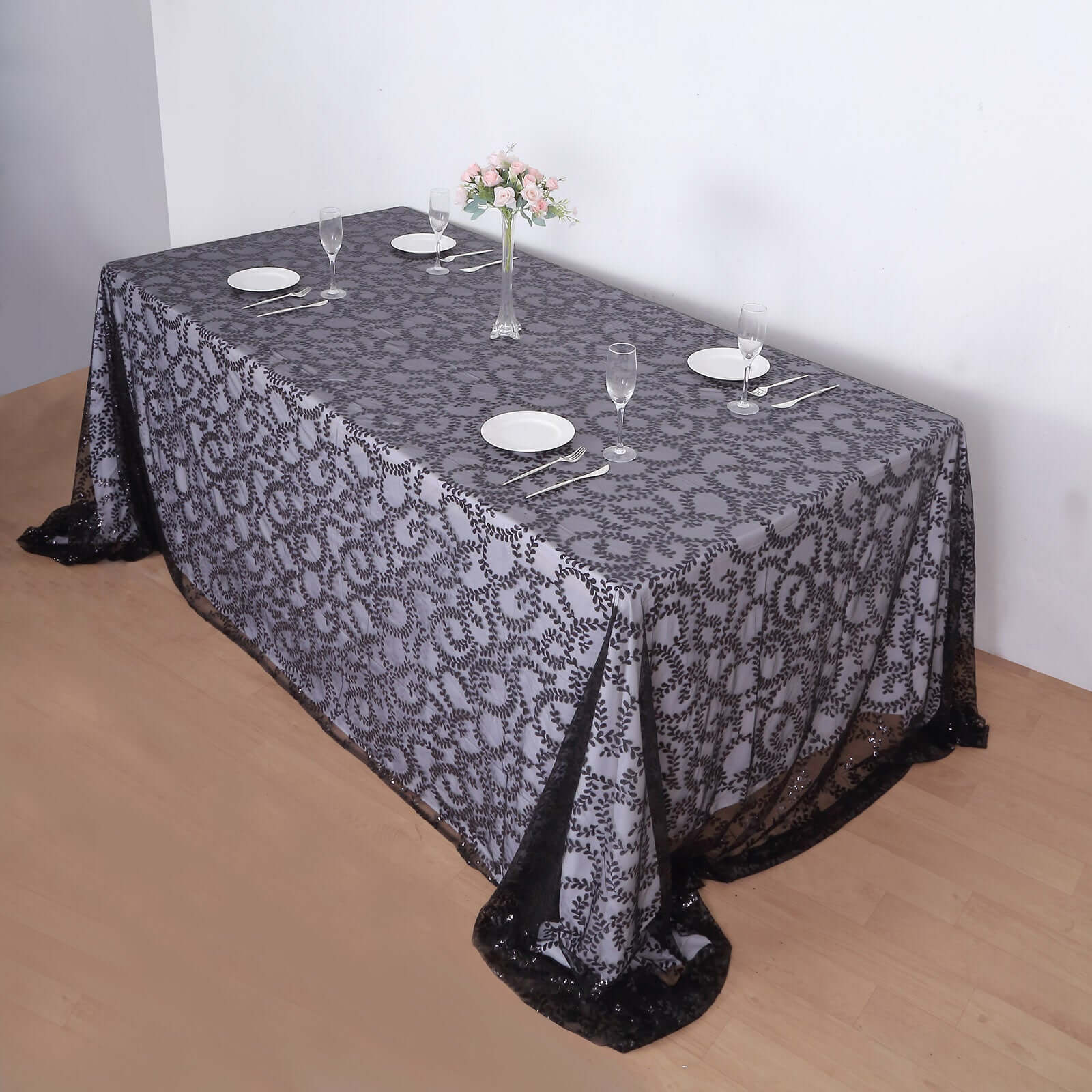 Tulle 90"x156" Rectangle Tablecloth Black - Sequin Leaf Embroidered Table Cover