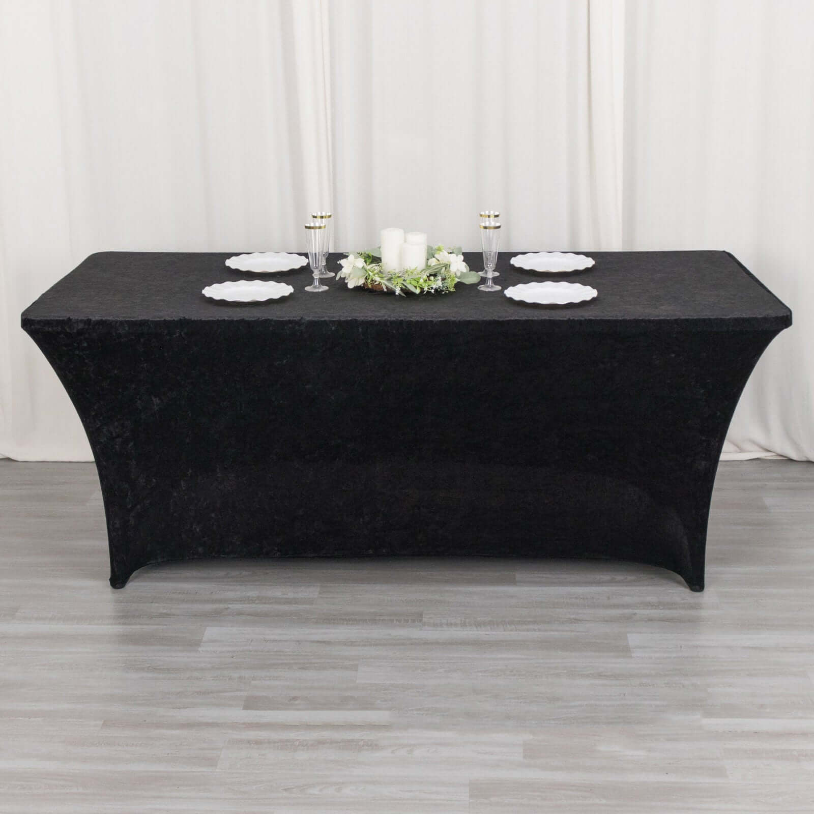 Crushed Velvet Fitted Rectangular 6ft Table Cover Black - Wrinkle-Free Stretchy Tablecloth