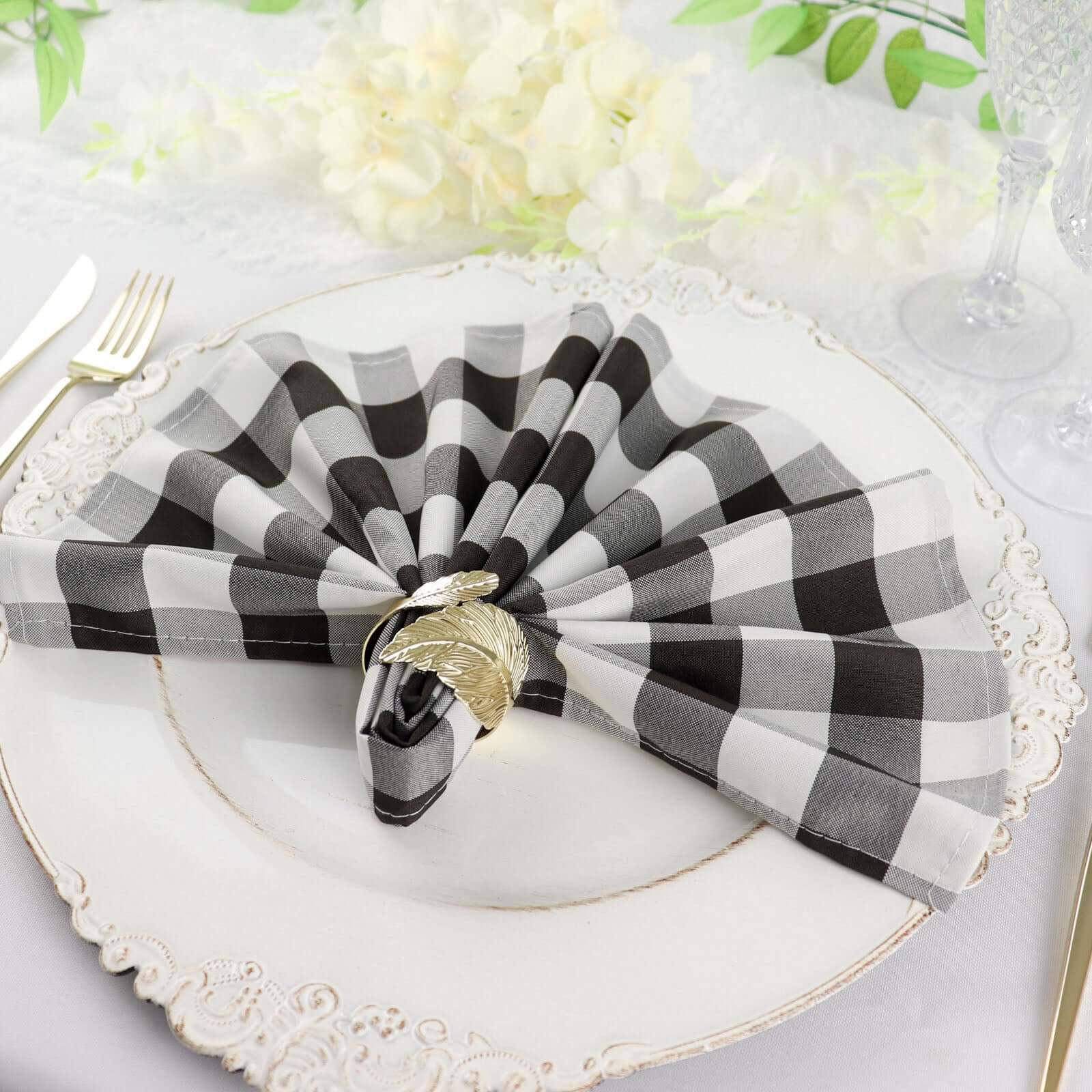 5 Pack Polyester 15"x15" Napkins Black/White Buffalo Plaid Gingham Style Cloth Napkins for Casual & Outdoor Dining