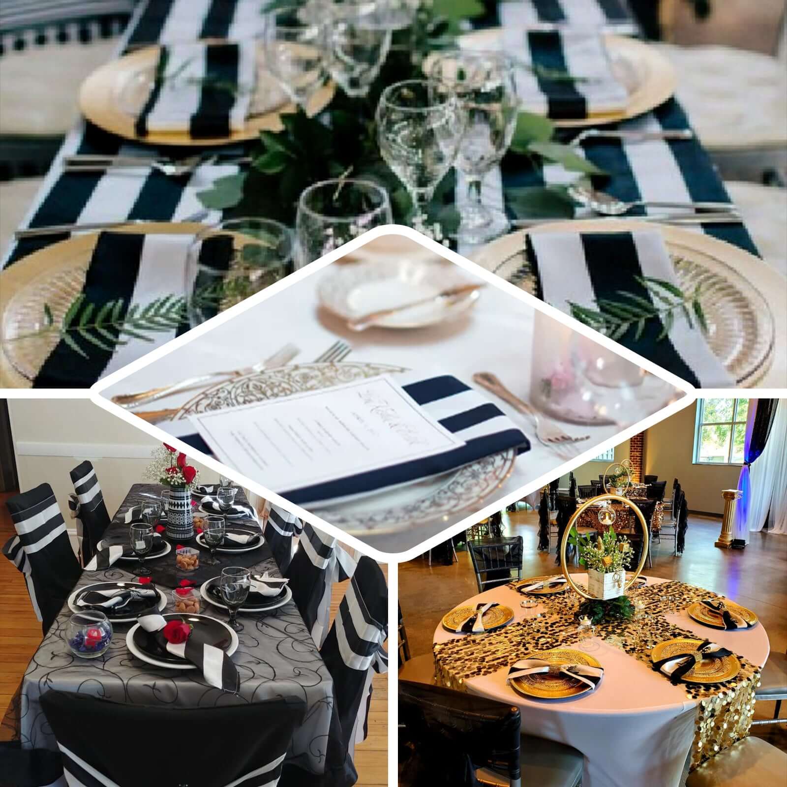 5 Pack Satin 20"x20" Napkins Black/White - Striped Reusable Dinner Napkins for Formal & Casual Dining