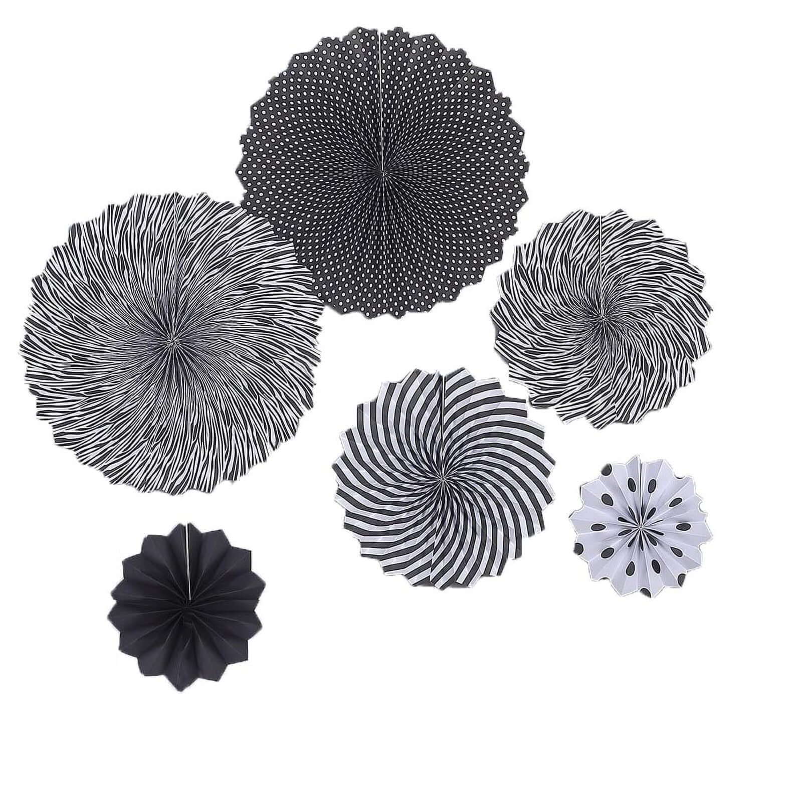 Set of 6 Black White Hanging Paper Fan Decorations, Pinwheel Wall Backdrop Party Kit - 8", 12", 16"