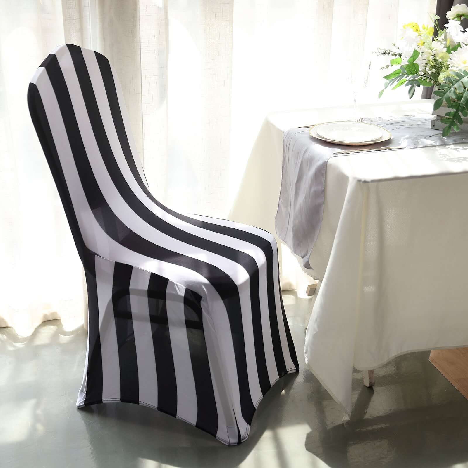 Spandex Chair Cover with Foot Pockets for Banquet Chairs Black/White 2" Stripes - Durable 160GSM Fitted Slipcover for Weddings & Gatherings
